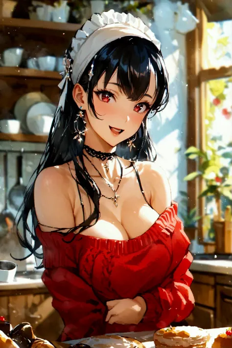  masterpiece, 1girl, Amazing Cleavage:1.3, thin waist, big ass, Raised sexy, medium breast:1.3,posed cleavage:1.2,solo, looking at viewer, open mouth, have a cup of coffee,black hair, red eyes, dress, bare shoulders, jewelry, collarbone, sidelocks, hairban...