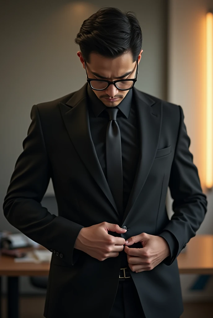 In the office，CEO young man， wearing a black suit, Wearing glasses， An elegant man ，Thick eyebrows, With a mysterious and serious face。The mans crotch hurts a lot，Man bends down ， and grabs his crotch hard with his hands。 