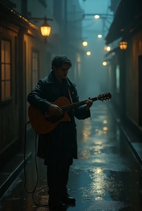 Guitarist playing in the rain 