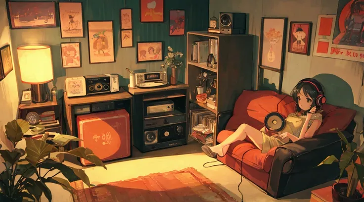  cozy, Retro room with retro furniture and a record player,  Warm and soft lighting . A young girl is sitting comfortably, Wearing headphones, Listening to music. The room has a nostalgic 80&#39;s city pop atmosphere., Vinyl record-like details, Old poster...