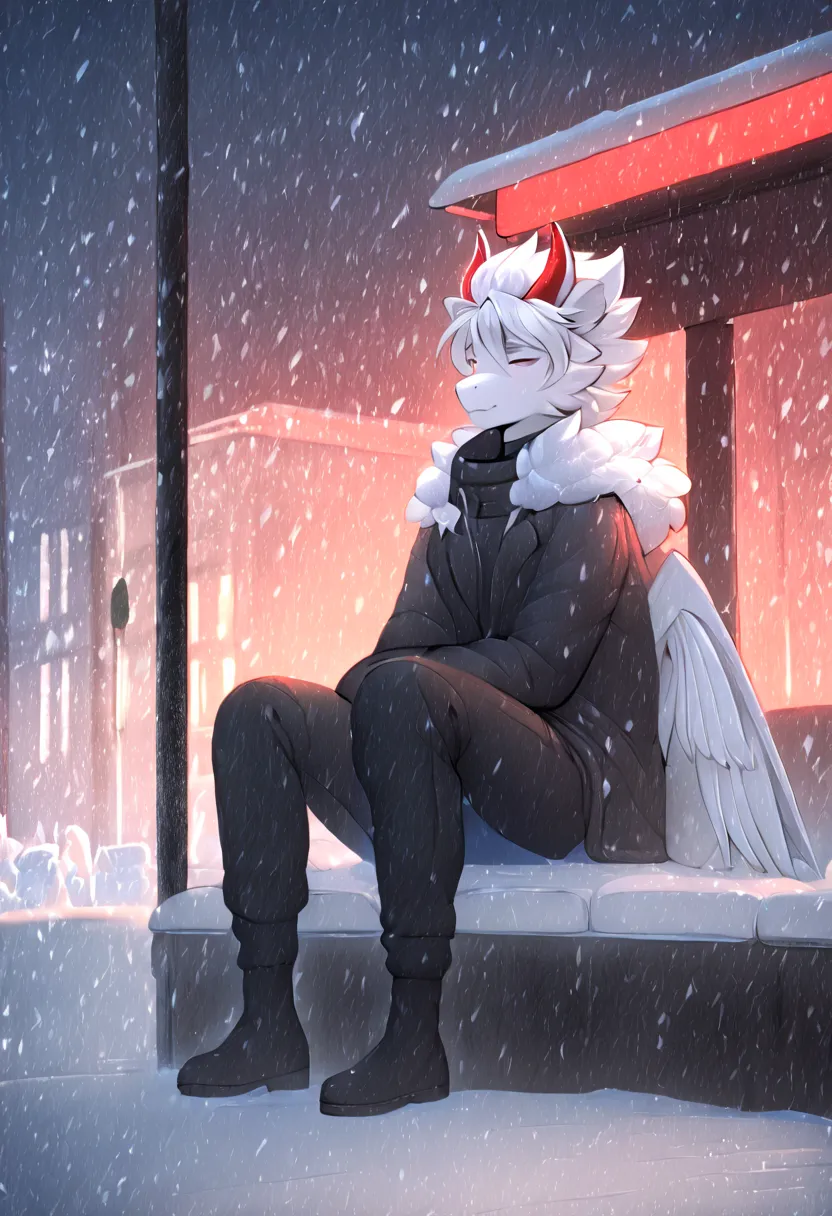 white dragon fluffy red horned skinny femboy black winter suit white all white cool white wings white hair city places snowfall ...