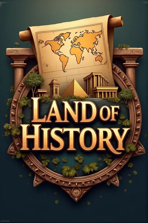 "Create a professional and captivating logo for a YouTube channel named Land of History. The design should evoke a sense of exploration and discovery, with elements that symbolize historical themes like ancient scrolls, a world map, or classical landmarks ...