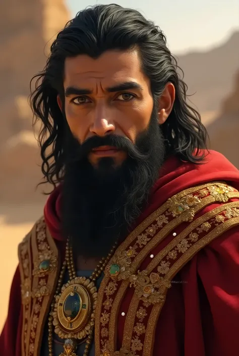  King Kahraman ** Of Saranda ,  he has black hair and an elaborate beard .  His eyes sparkle with wisdom as he wears a gold and red robe with gems.  His kingdom is rich in rare desert resources .