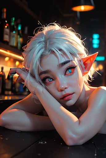 cyberpunk girl, (Ana, elf, fairy, fey, short hair, white hair), (((glowing red eyes))), pale skin, petite, naked, shaved pussy, wet pussy, drunk, ((slumped-over pose)), ((drunk pose)), (wasted facial-expression), in a cyberpunk themed bar, busy bar, crowde...