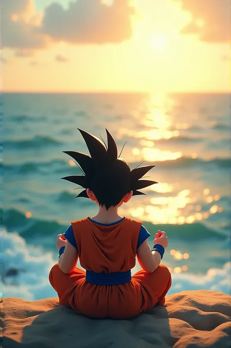 Goku seated in front of the sea