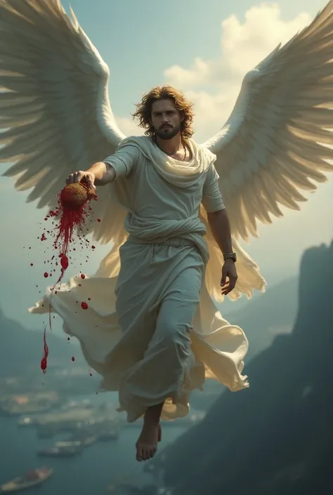 Angel flying over the earth and spilling blood from a cup that is in your hand male angel 
