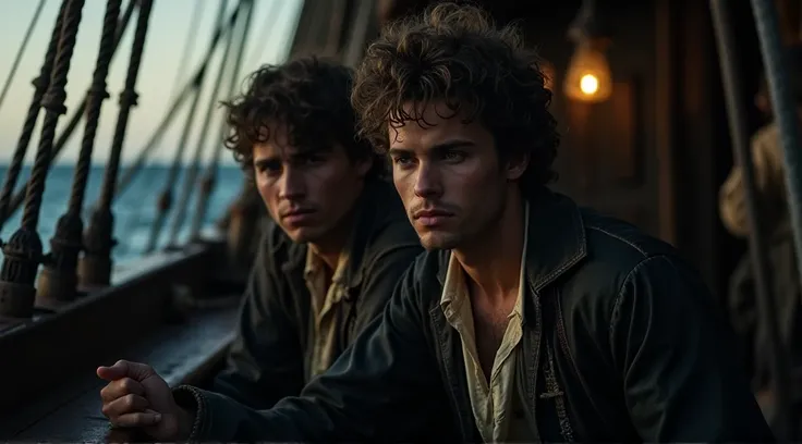 "Jack, a young sailor in his late 20s, in old, worn clothes, increasingly restless, whispers to a crewmate about his suspicions, his voice low and trembling in a dark corner of the pirate ships deck."