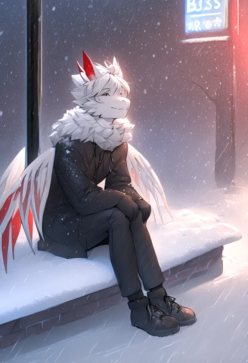 white dragon fluffy red horned skinny femboy black winter suit white all white cool white wings white hair city places snowfall ...