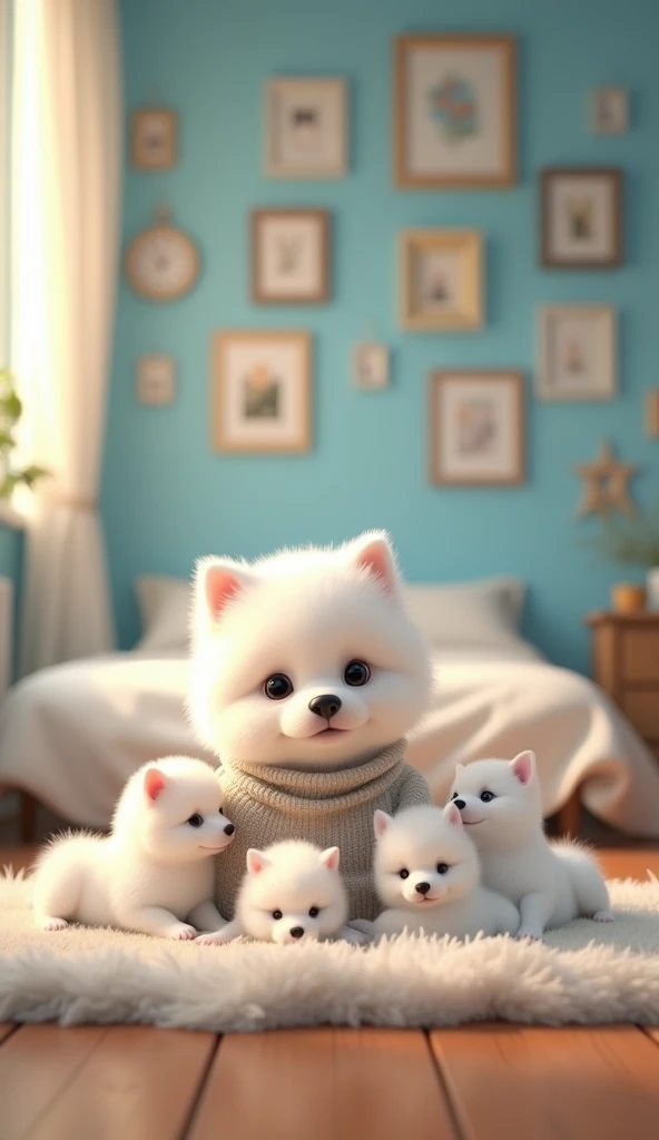 The 、 A white Pomeranian mother is sitting in a sweater 、 Its wrapped in wooden floors and soft lights {x} and lots of white Pomeranian puppies surround it。 the dogs are sitting on soft blankets 、 and the whole room is warm 。 with an orderly bed in the bac...