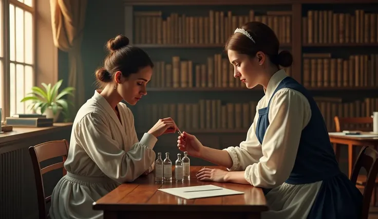 "Late 18th-century British clinic, a nurse preparing a vaccine with glass vials on a wooden table, patient receiving the inoculation, shelves with medical books in the background, soft golden light illuminating the historical setting, hyper-realistic, phot...