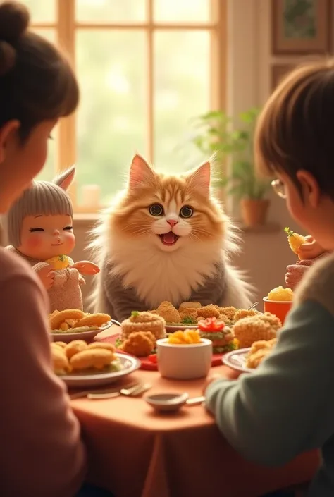 Cat eiting food with family 