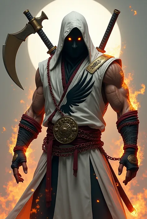 A muscular ninja , with a black eagle drawn on clothes,  with white garments with black details,  gold and red ,  with a black mask with glowing eyes , chains of fire wrapped around their arms, with a sickle and a sword on his back