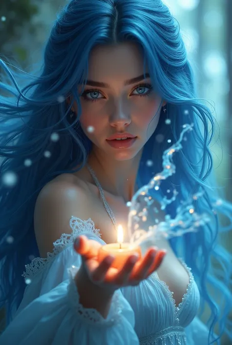 a woman with blue hair holding a candle in her hand, digital art by Artgerm, Artstation contest winner, fantasy art, beautiful sorceress, a beautiful sorceress, black - haired mage, artgerm julie bell beeple, closeup fantasy with water magic, extremely det...