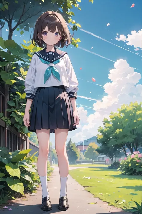 (masterpiece), town, blue sky, 1girl, smile, solo, sailor uniform, brown hair, cloud, cloudy sky, day, outdoors, overgrown, petals, plant, scenery, shoes, standing