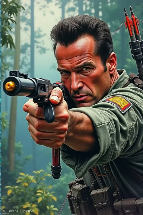  Illustration with colored pencils in the pointillism style for the movie  "predator", ,  the illustration shows Arnold Schwarzenegger in military uniform  , In the war painting  , Very short haircut,   thick dark hair  ,   aiming at a combat bow with an a...