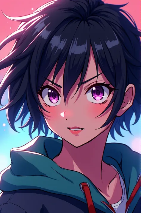 "Create a vibrant anime-style portrait of a character with short, messy hair, and intense, piercing eyes. The character should have a confident, determined expression and a slight smirk. Add a dynamic background with a subtle color gradient that contrasts ...