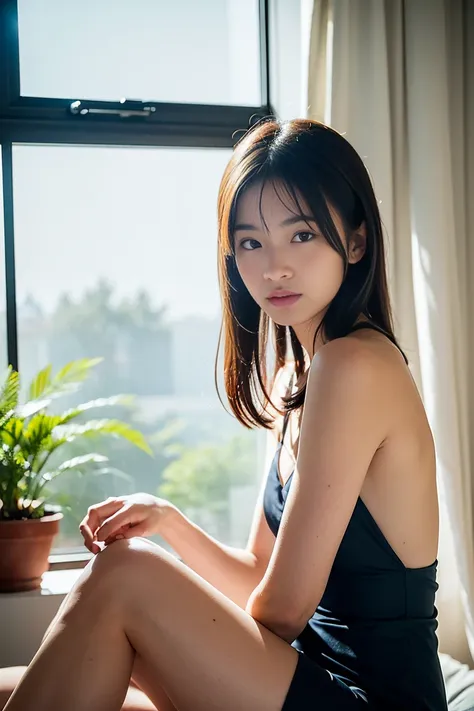 From knees to upper body、A highly detailed and realistic photo of a Japanese woman sitting on the edge of a bed in a softly lit room.She is looking at the camera and  wearing a dark, elegant, sleeveless dress made of a satin-like fabric that catches the so...