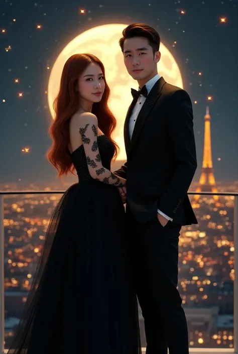 displays an embossed text that says Happy Anniversery wastu & ibun, , there is a real photo, very detailed, very neat, beautiful young Korean couple, long cherry hair, black pearl dress and handsome man, Korean black suit, slightly fat body, long curly hai...