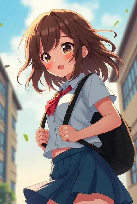 Teenage anime woman, high, brown hair, with backpack and school uniform