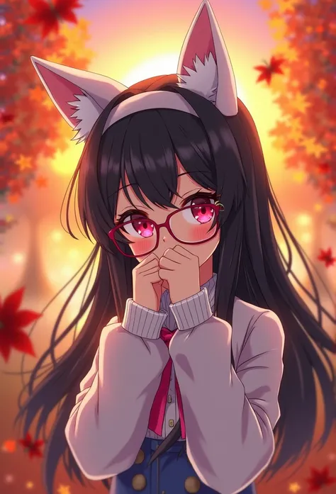 1 girl, ( perfect face ), detailed pupils  ,   Amidst a vibrant autumn scene ,  a girl with long black hair and pink eyes white blouse with a pink bow in the middle, her hair with a white headband ,  headband in the shape of white cat ears .  The foregroun...