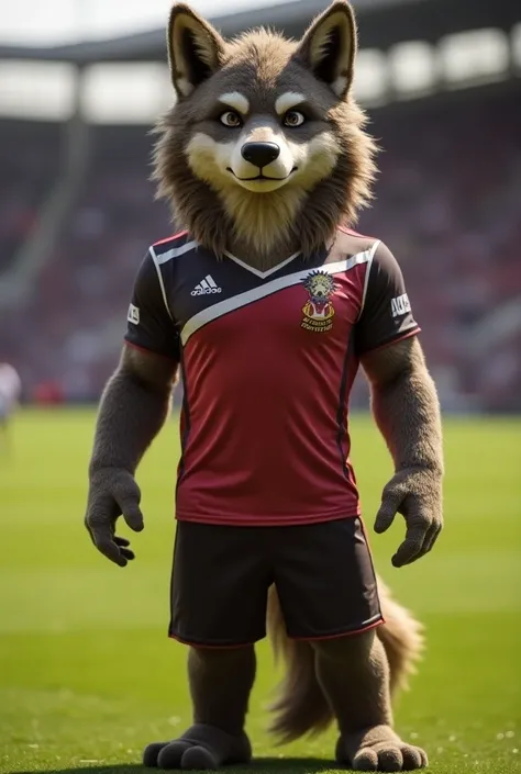 A mascot costume of a soccer team based on the animal Lobo Guara, stately and respected, more human, more human