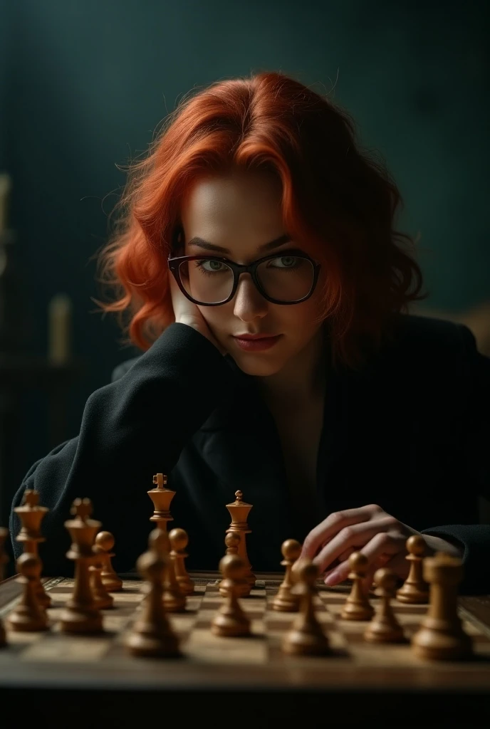   Create for me the panoramic cinematographic image of a mysterious red-haired woman, seductive woman who wears brown glasses playing chess alone  . 