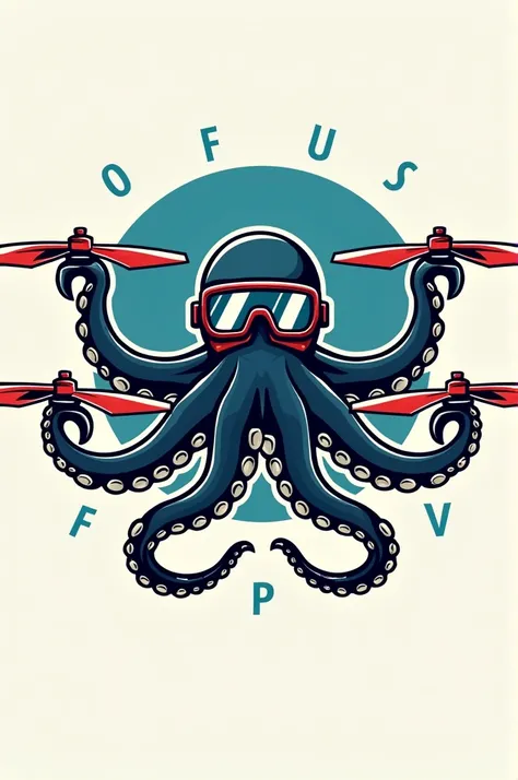 un logo dune pieuvre avec des lunettes daviateur et avec 4 hélices sur les tentacules et le texte  Octopus-Fly FPV