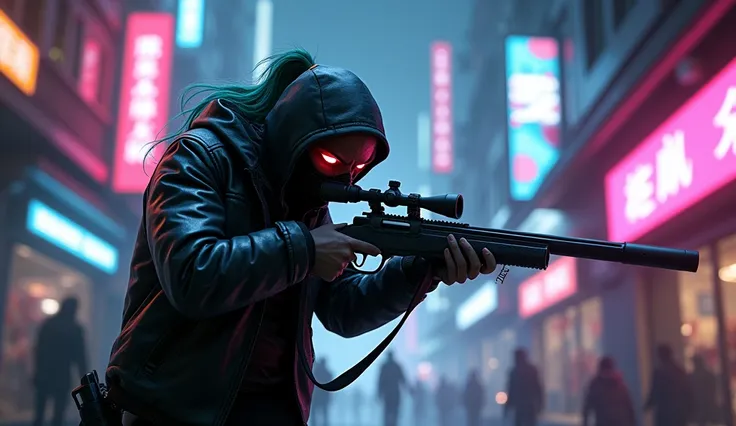 CyberpunkAI, neon, 1boy, elf, neon hair, neon eyes, ponytail hairstyle, black leather jacket,sniper rifle, hood up, sneaking, mask,goggles,