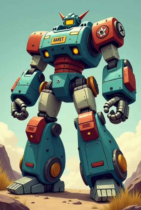 Appearance: The robot has a bulky, retro-futuristic design with a metallic blue body. It features large round fists and sturdy limbs, giving it a robust and imposing presence. The robot’s face is simple, with yellow eyes that give it a determined, almost i...