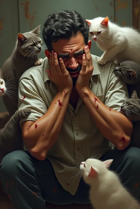 Juan covers his face with his hands ,  while cats scratch him all over his body.