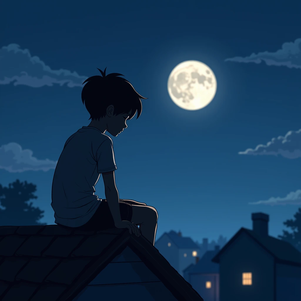 A boy sitting at a roof of a house at night look like sad and thinking about a girl nam as jenisha