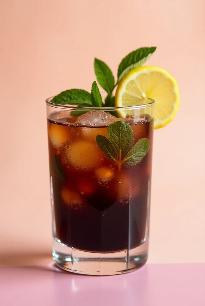 "An image of a cocktail glass called Black Magic on a pastel-colored background and served in a glass,  with an elegant and modern look .  The glass is filled with a dark cocktail decorated with fresh mint leaves , lemon slices ,  and soda bubbles visible ...