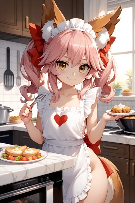 Tamamo-no-mae (FGO), loli, aged down, apron only, front view, kitchen, preparing food, delicious food, uncensored, small boobs, small hips, lovely smile.