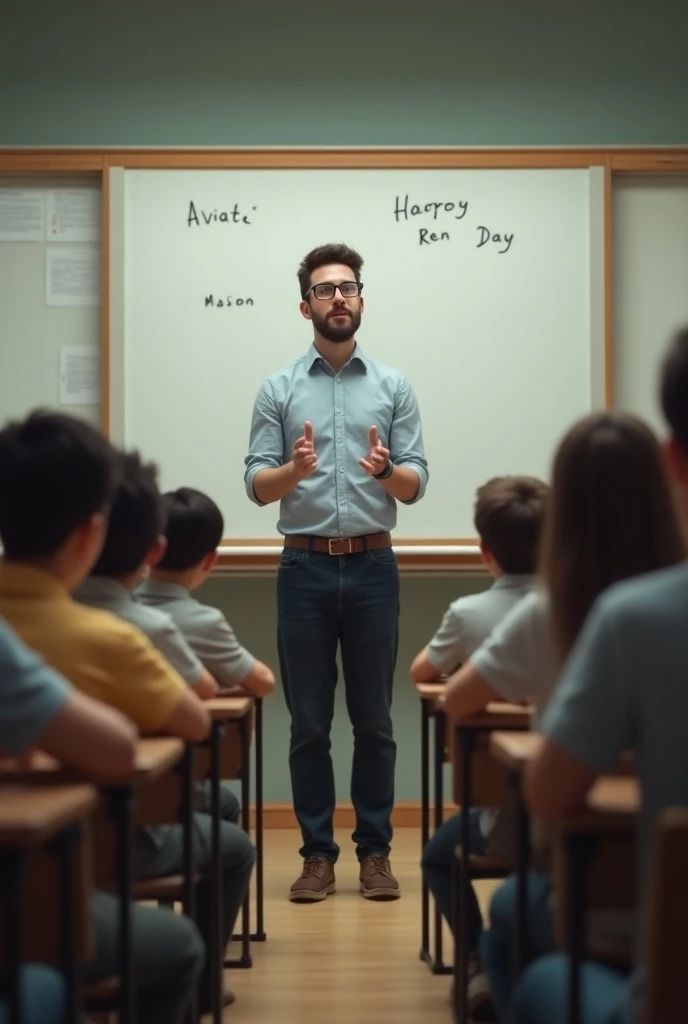 A teacher if 20 age wearing glasses and a beard teaching on a white board  to his students of class 10th and 9th.
Write Aviate Vision and write Happy ren Day on the white board and Add more student to show the presence 