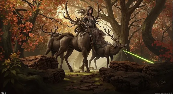 1 Centaur Female，grace， The background is in a pristine forest，Behind the half-body horse are two elk ，，((masterpiece))， Best Quality ，absurd， super detailed，(whole body:1.5)， golden ratio ， super cute beautiful Asian Edoo girl ， very beautiful bright viol...