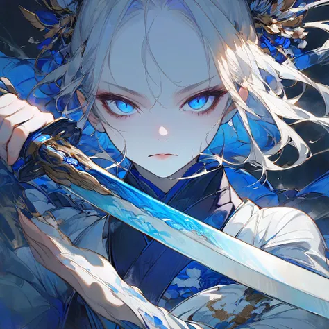  1 girl,  Hi-Res,  turn your gaze ,  blue eyes, tooth,  anatomically correct,  holding a Japanese sword、 photo from the front 、Wearing a kimono、 Japanese swords glow blue、