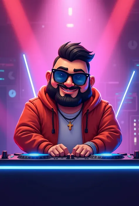 Cartoon 
Cute Gordo DJ with sunglasses with short hair and short beard Moroccan who has a console with neon lights
