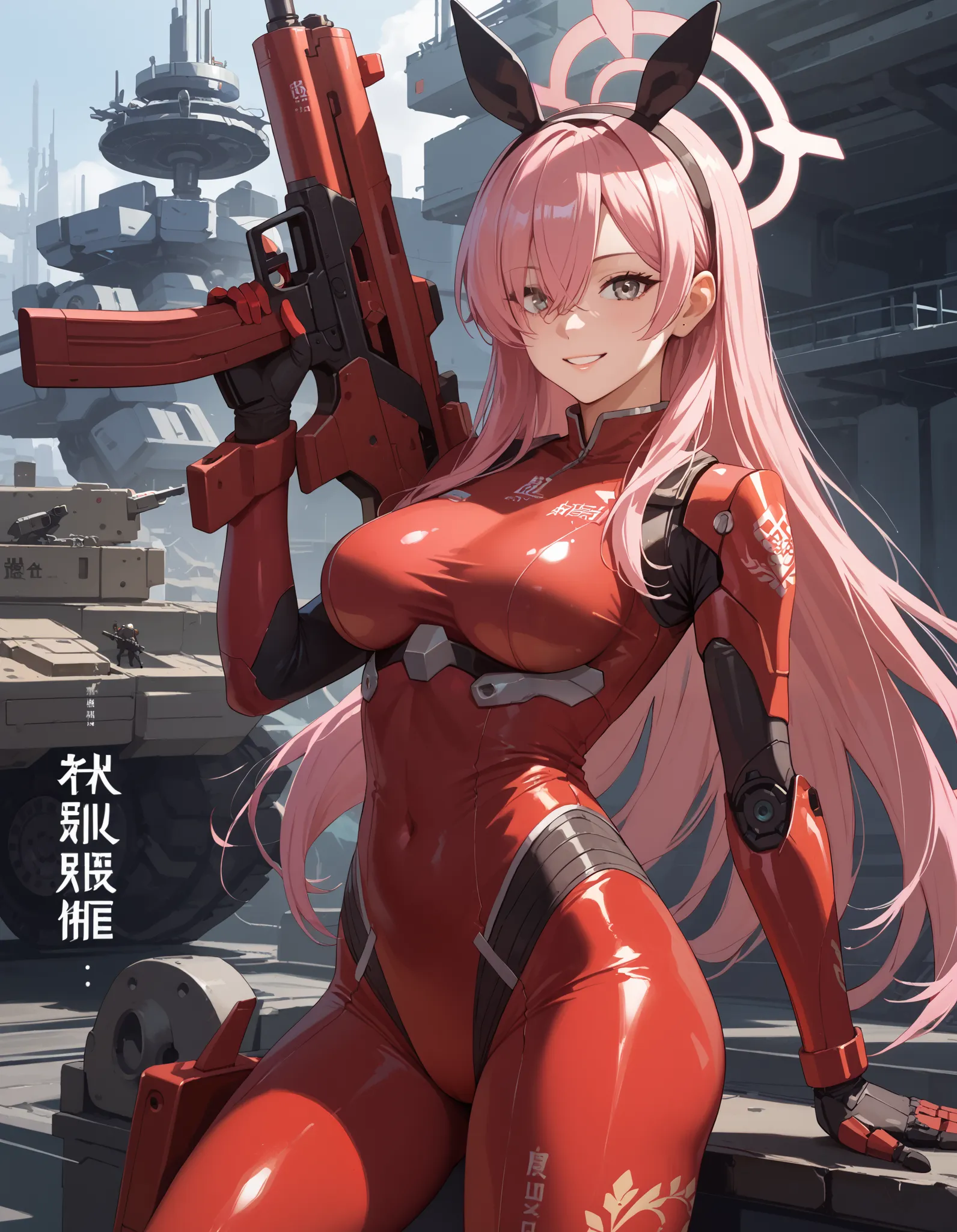 plana \(blue archive\),hair over one eyes,grey eyes, 1girl,chinese text,pink hair,weapon,gun,solo,holding weapon,holding gun,red...