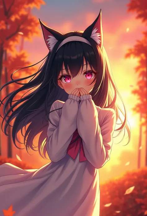 1 girl, ( perfect face ), detailed pupils  ,  Amidst a vibrant autumn scene , a girl with long black hair flying , With a lot of wind and pink eyes white dress with pink bow in the middle, her hair with a white headband ,  headband in the shape of white ca...