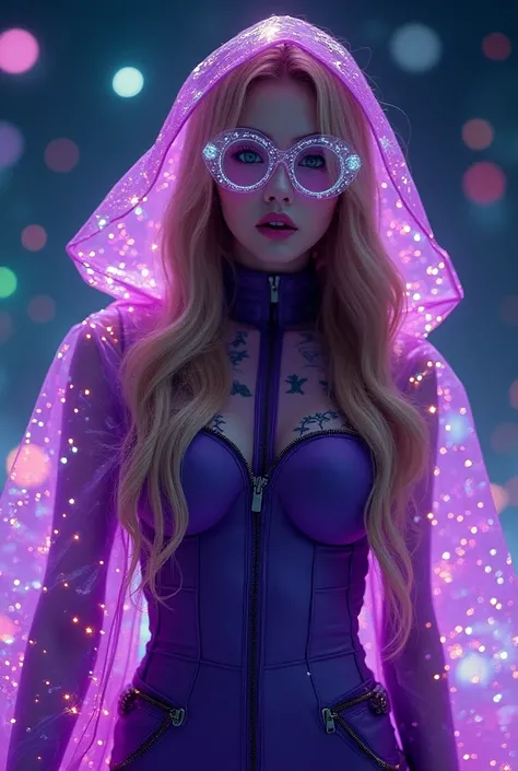 The model is wearing glass sunglasses with stars and the moon on the glassEthnicity: Japanese very long wavy blonde hair, white skin, striking green eyes, slim woman with legs big: wide HIPS: ASS: covered in purple mesh: HUGE: geometric: NEON plastic (hood...