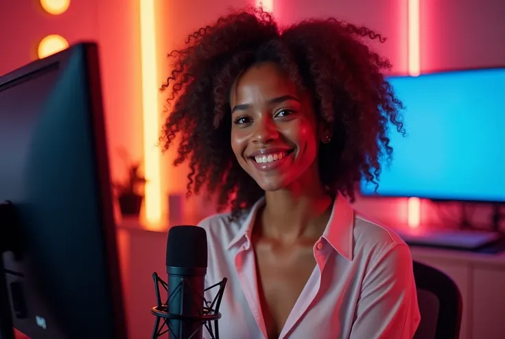  A pretty girl cute YouTuber with LED in the background and with a professional microphone to do live or live. May she be happy and with a slightly bare blouse  