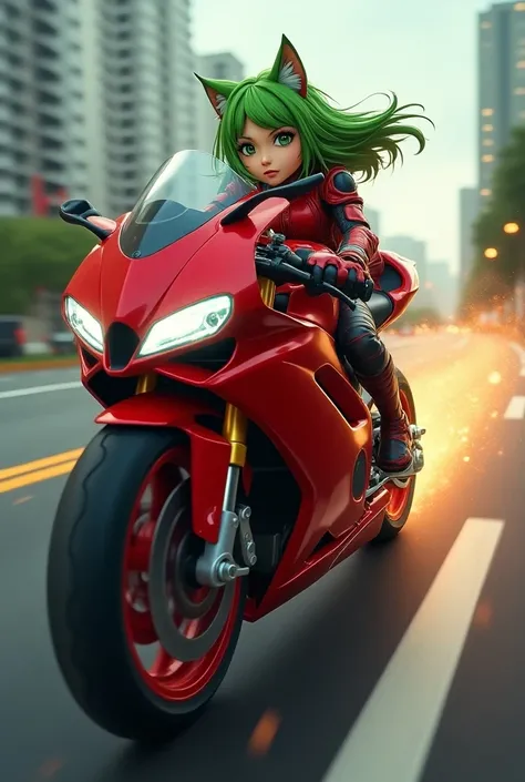 ((masterpiece,  Best quality )), a (speeding)  red superbike City at high speed, (slow motion: 1.3), ( motion blur : 1.3), (speed line: 1.4), Sense of speed , Cyborg cat girl ,  short green hair and bob ,  green eyes,  Sparks and smoke from tires ,  hair w...