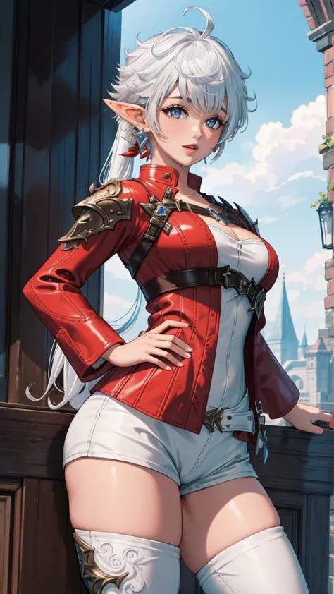 (masterpiece:1.2, best quality), (intricate details), alisaie, (alisaie leveilleur (final fantasy)), 1girl, elf ears, red jacket...