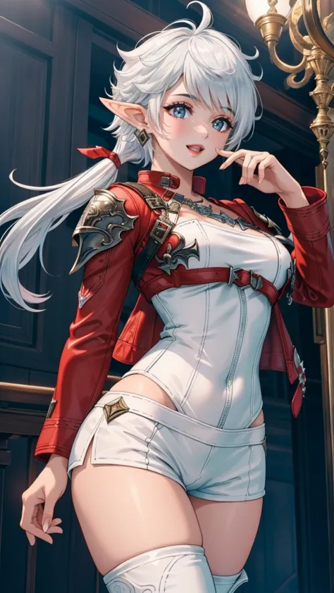 (masterpiece:1.2, best quality), (intricate details), alisaie, (alisaie leveilleur (final fantasy)), 1girl, elf ears, red jacket...