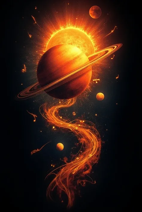  Tattoo that merges a burning sun, with a galaxy , Saturn and the music  