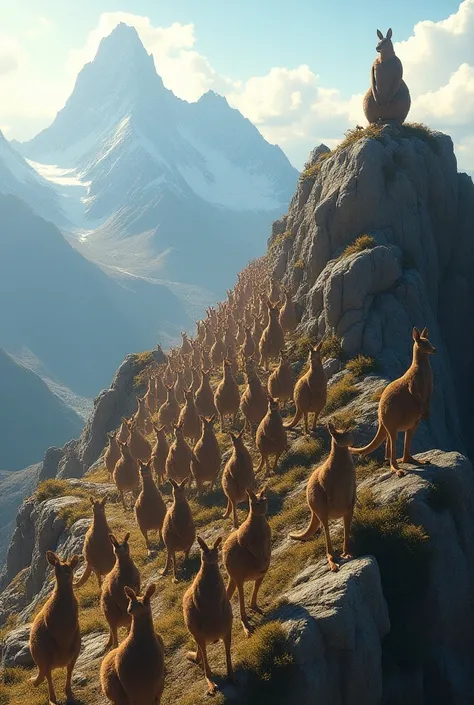 Create me an image of an army of kangaroos down a mountain while the kangaroo chief sees them on top of that mountain