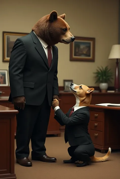 A dog in a suit and tie kissing the feet of a bear in a suit and tie inside an office 
