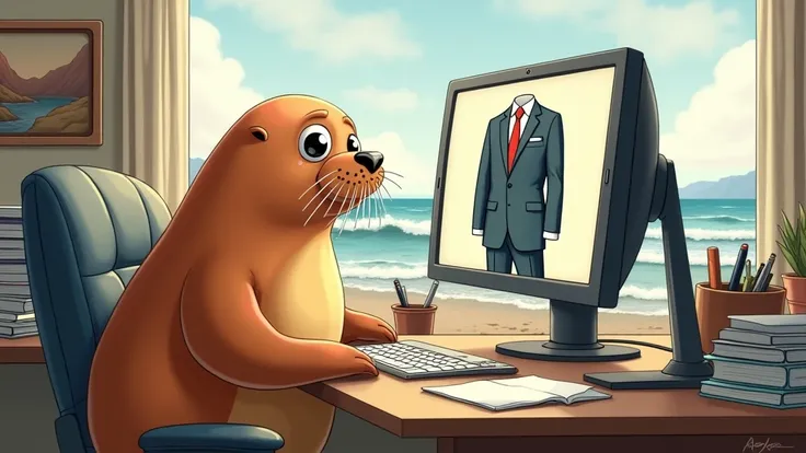  cute illustration of a walrus looking at a suit on a PC、There are bags and desks nearby 、coastal