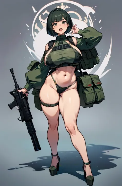 Exited, scream, Open mouth, young girl, Pullover, whole body to see, (( very wide hips)), (((colossal Thighs, gigantic thighs, very huge thighs, very big thighs))), fullbody, very Big breast, , firm breast, Bob cut hair, military camouflage, soldier girl, ...