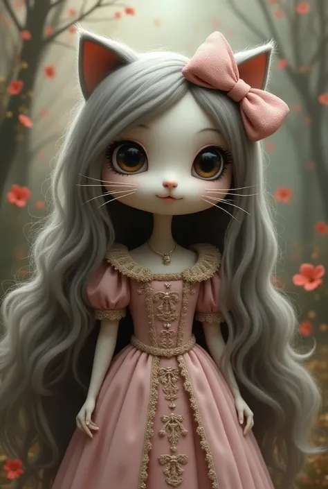 Do hello kitty with gray brown and very long hair and princess clothes